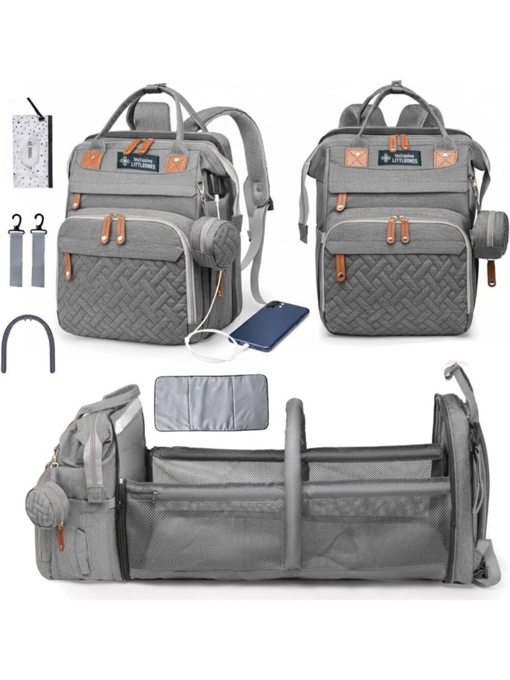 Multifunctional Diaper Bag with Changing Station, Stroller Straps & Pacifier